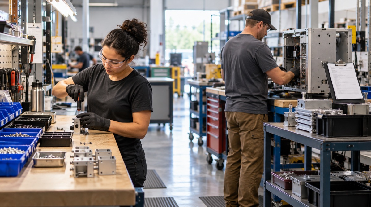 Manufacturing workspace with simple assembly and staged production work.