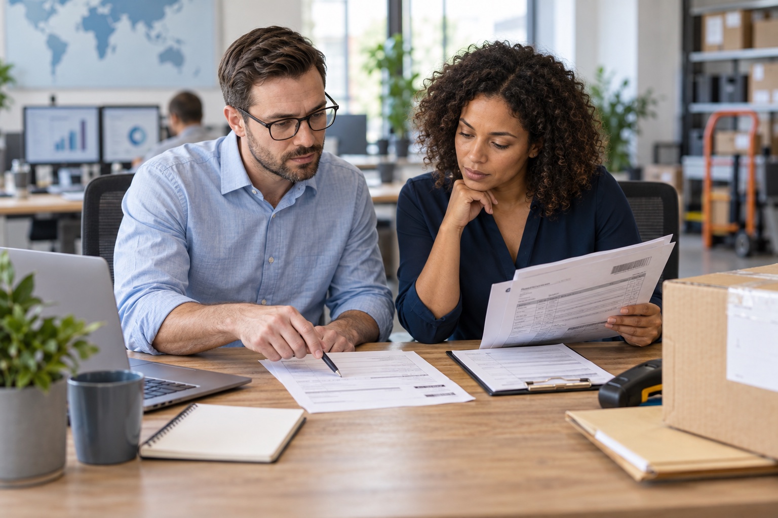 Finance and customer service colleagues reviewing an invoice and delivery records