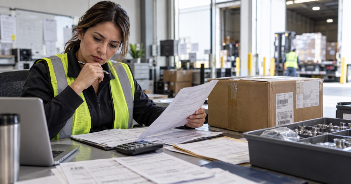 Receiving specialist reviews shipping and landed-cost paperwork beside delivered goods.
