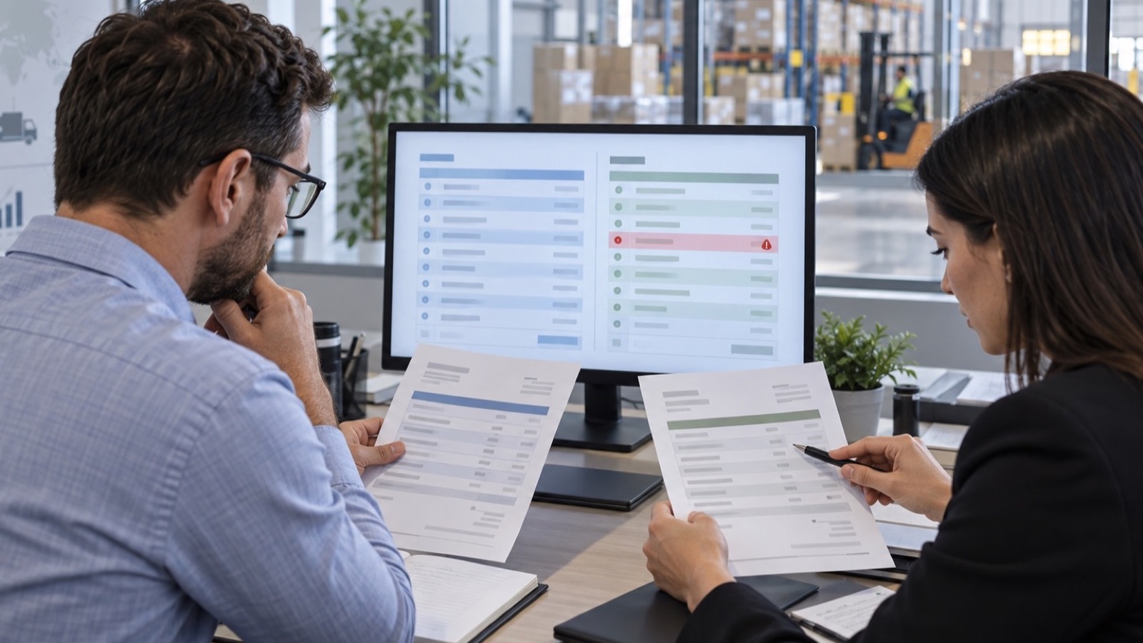 Finance colleagues comparing linked inter-entity documents and an identified mismatch