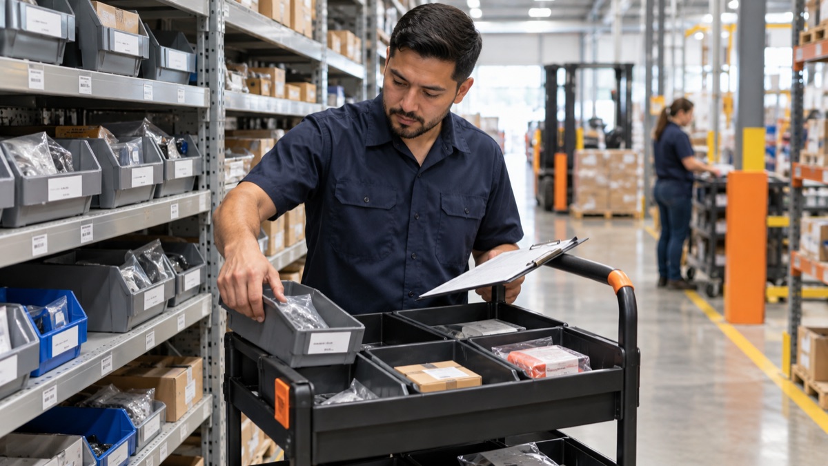 Warehouse associate picks reserved parts into a compartmented rolling cart.