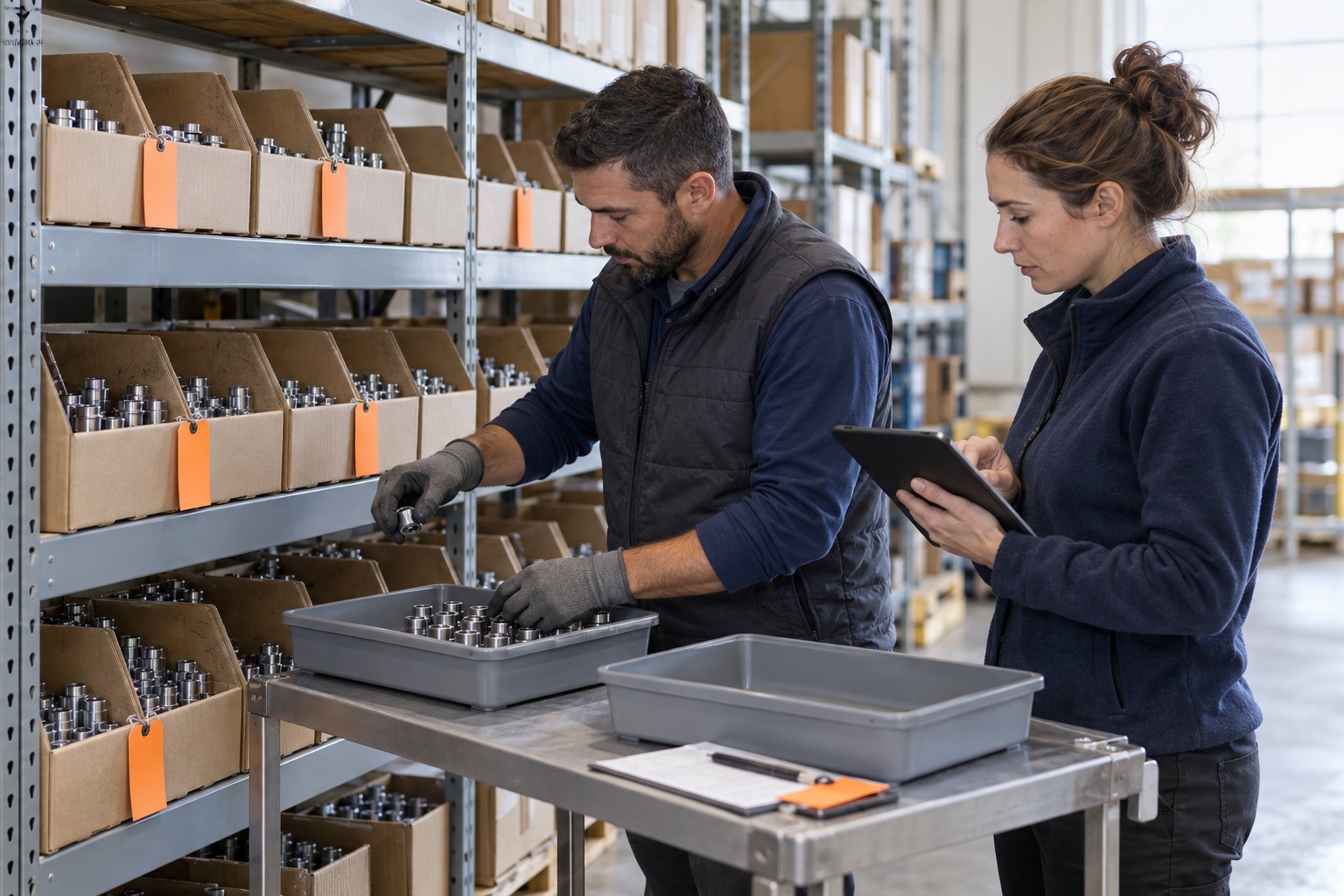 Inventory staff perform a controlled recount of metal components in a warehouse.