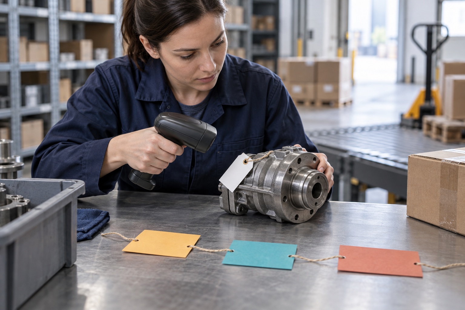 Inventory specialist traces a controlled industrial component through warehouse movements.