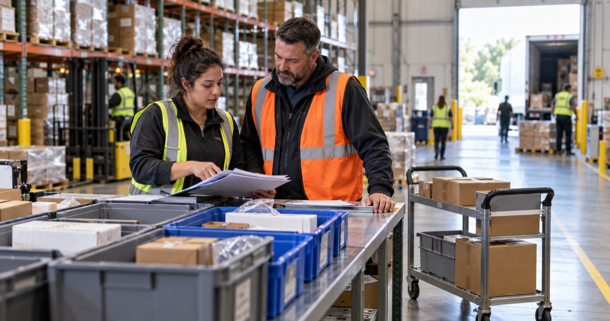 Order coordinator and warehouse lead check readiness before warehouse release.