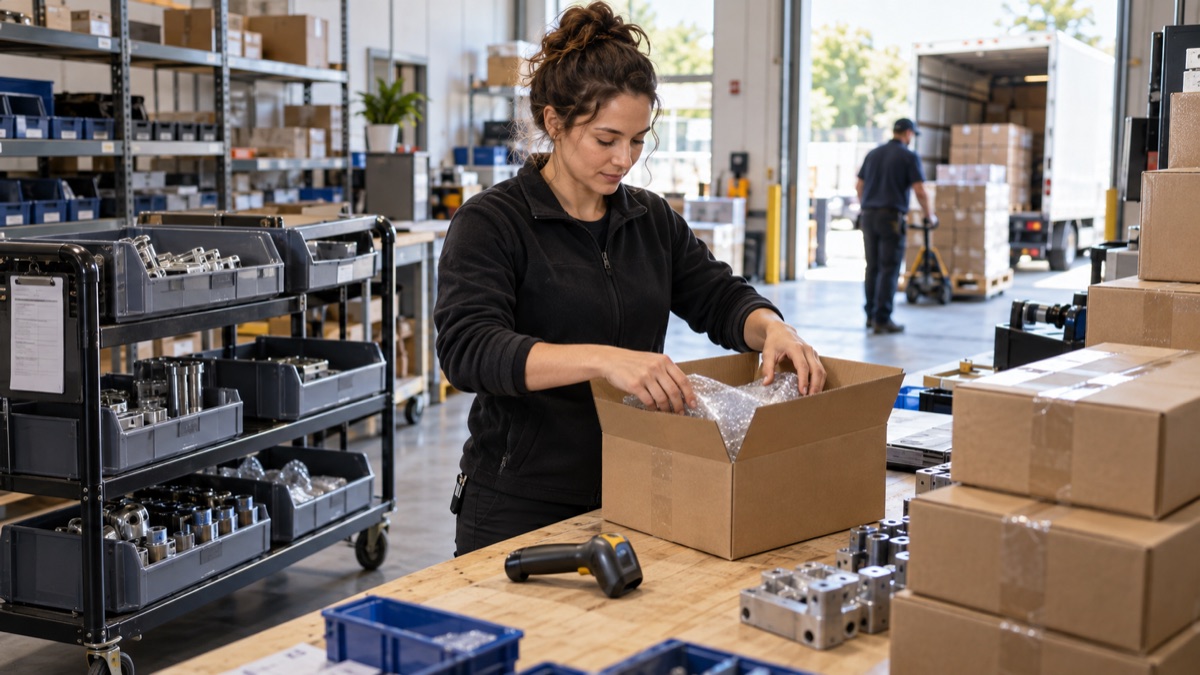Fulfillment worker packs picked goods for shipment at a warehouse station.
