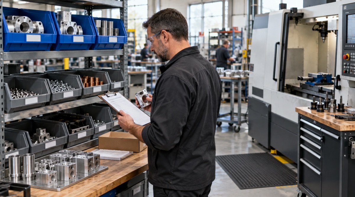 Production supervisor checks staged materials before releasing a job to the floor.