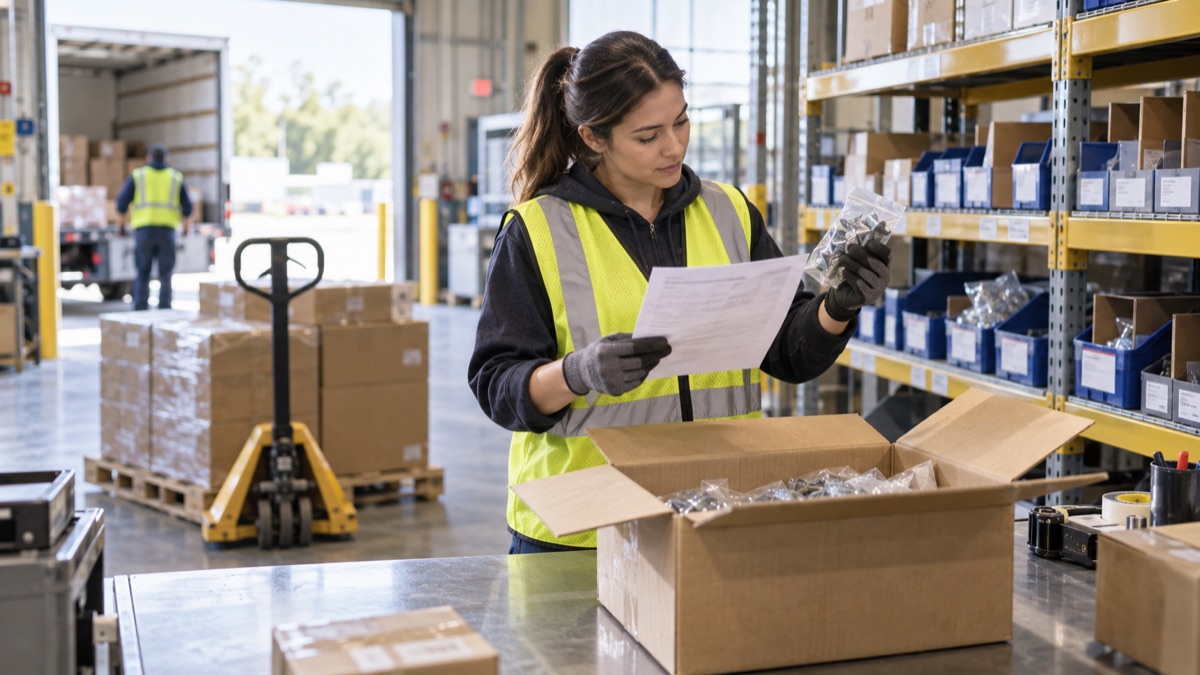 Receiving associate checks a delivery before putting accepted parts into stock.