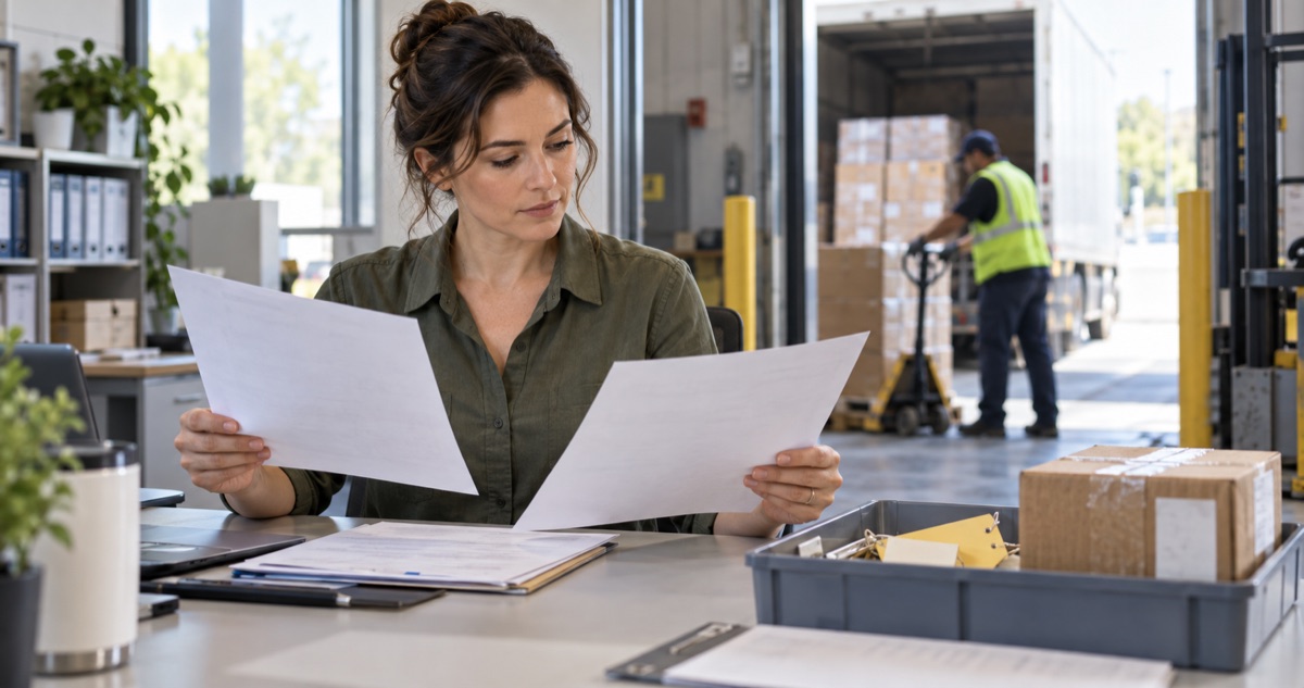 Accounts-payable specialist compares purchase, receipt and supplier-bill documents.