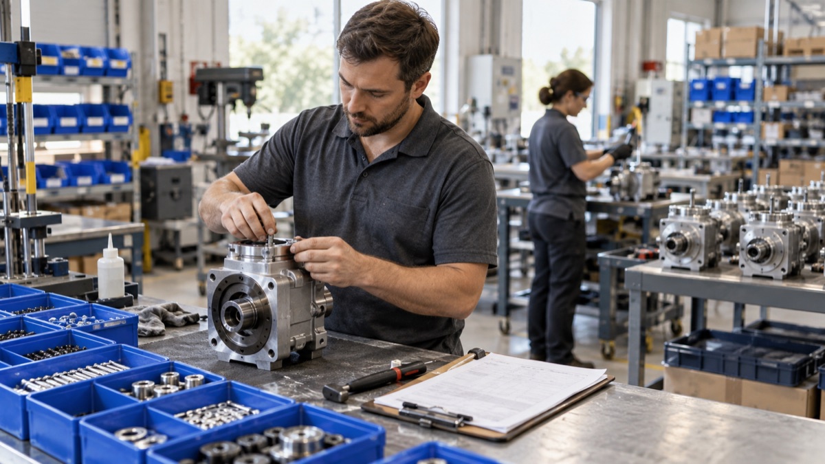 Production worker records components and progress at an assembly workbench.