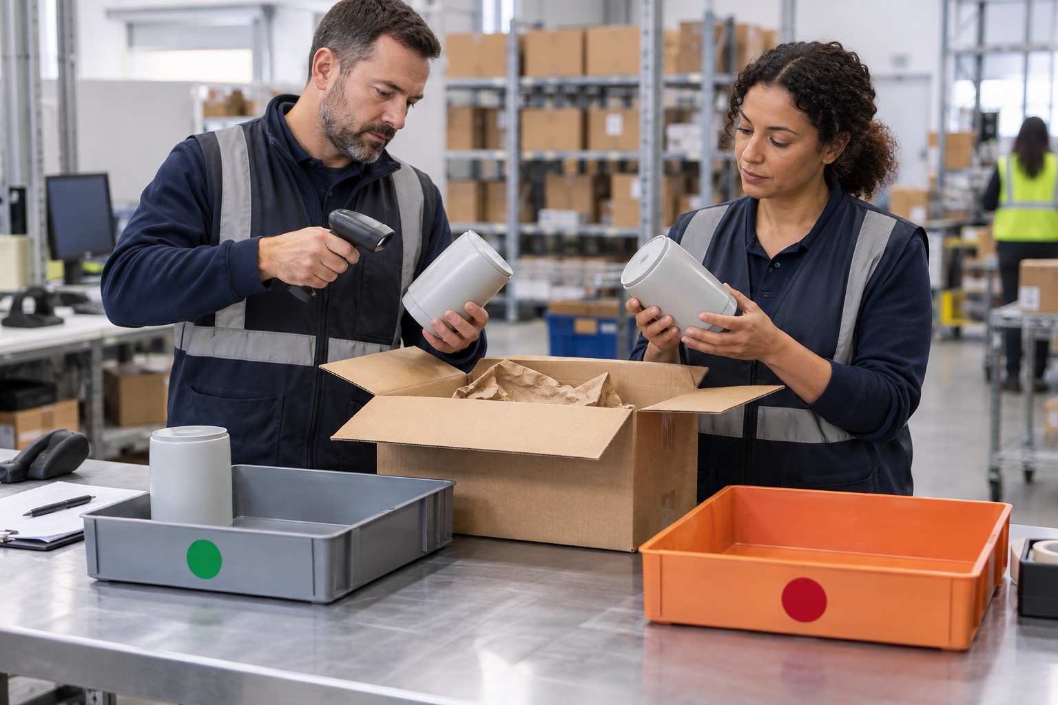 Receiving staff inspect a customer return and separate accepted goods from goods needing review.