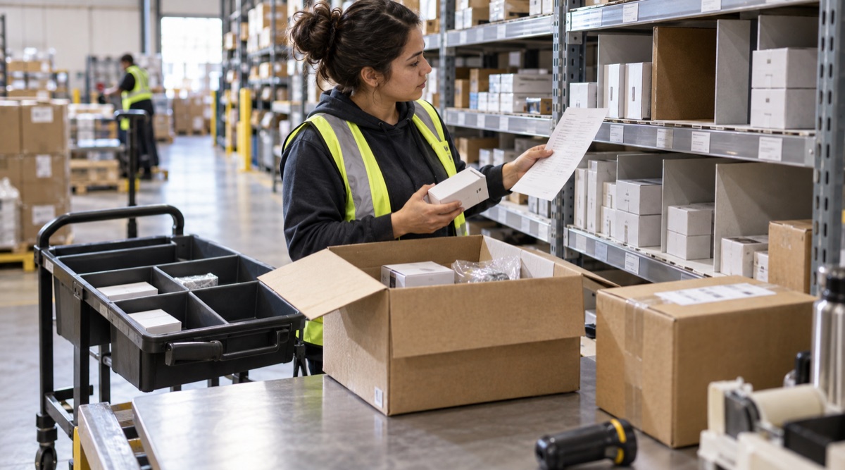 Warehouse picker reviews a partial shipment and remaining stock.