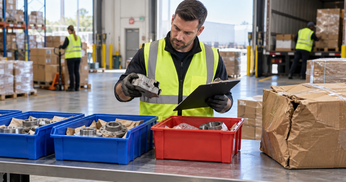 Receiving inspector separating damaged goods from accepted supplier delivery items.