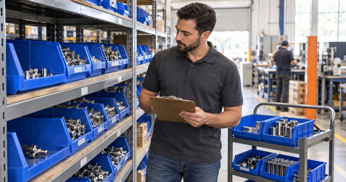 Warehouse employee checking low-stock parts bins beside a replenishment cart.