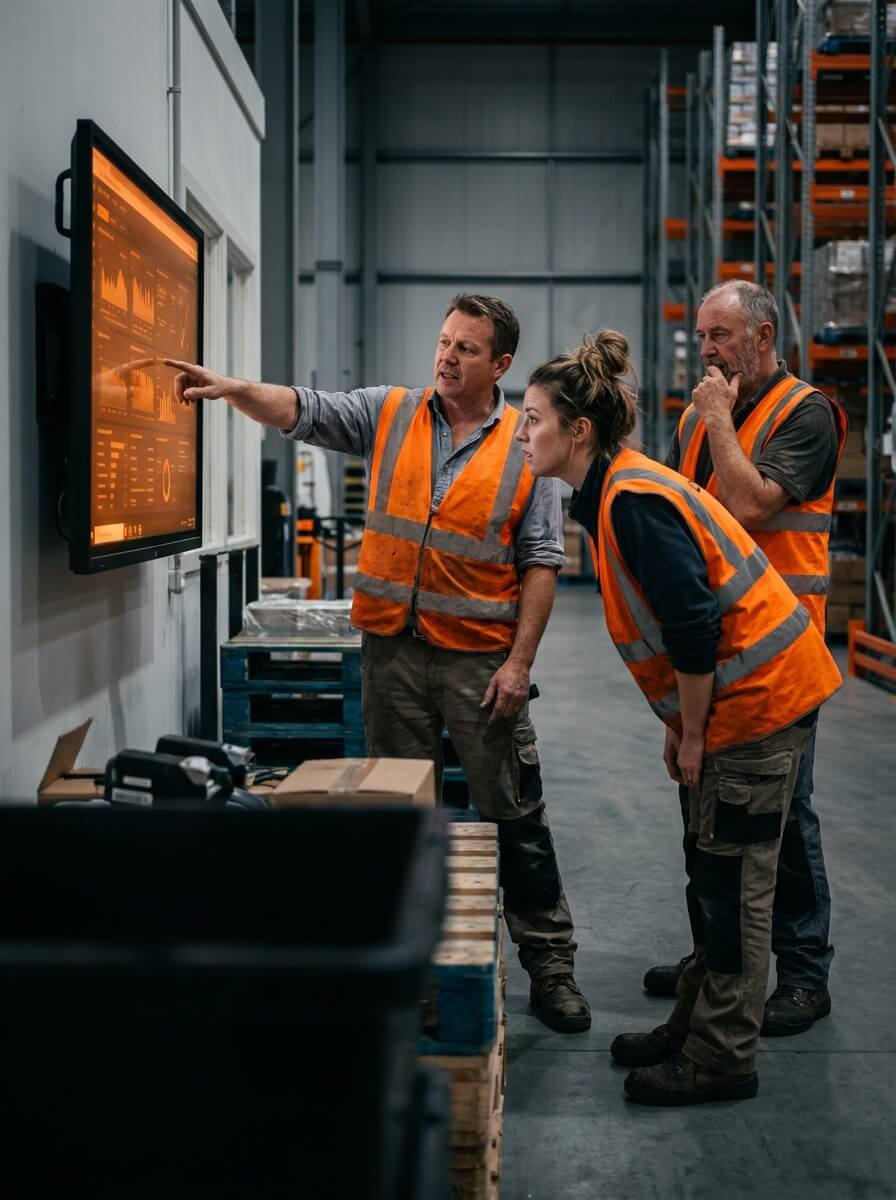 Warehouse team reviewing operational dashboards together on a shop-floor screen