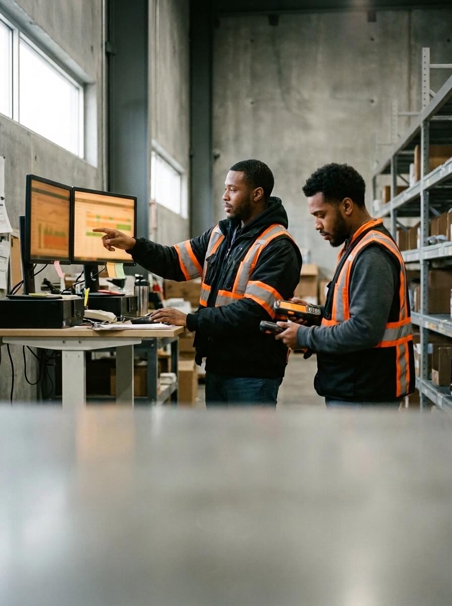 Warehouse employees working side by side at a workstation, one at operational dashboards and one with a handheld scanner