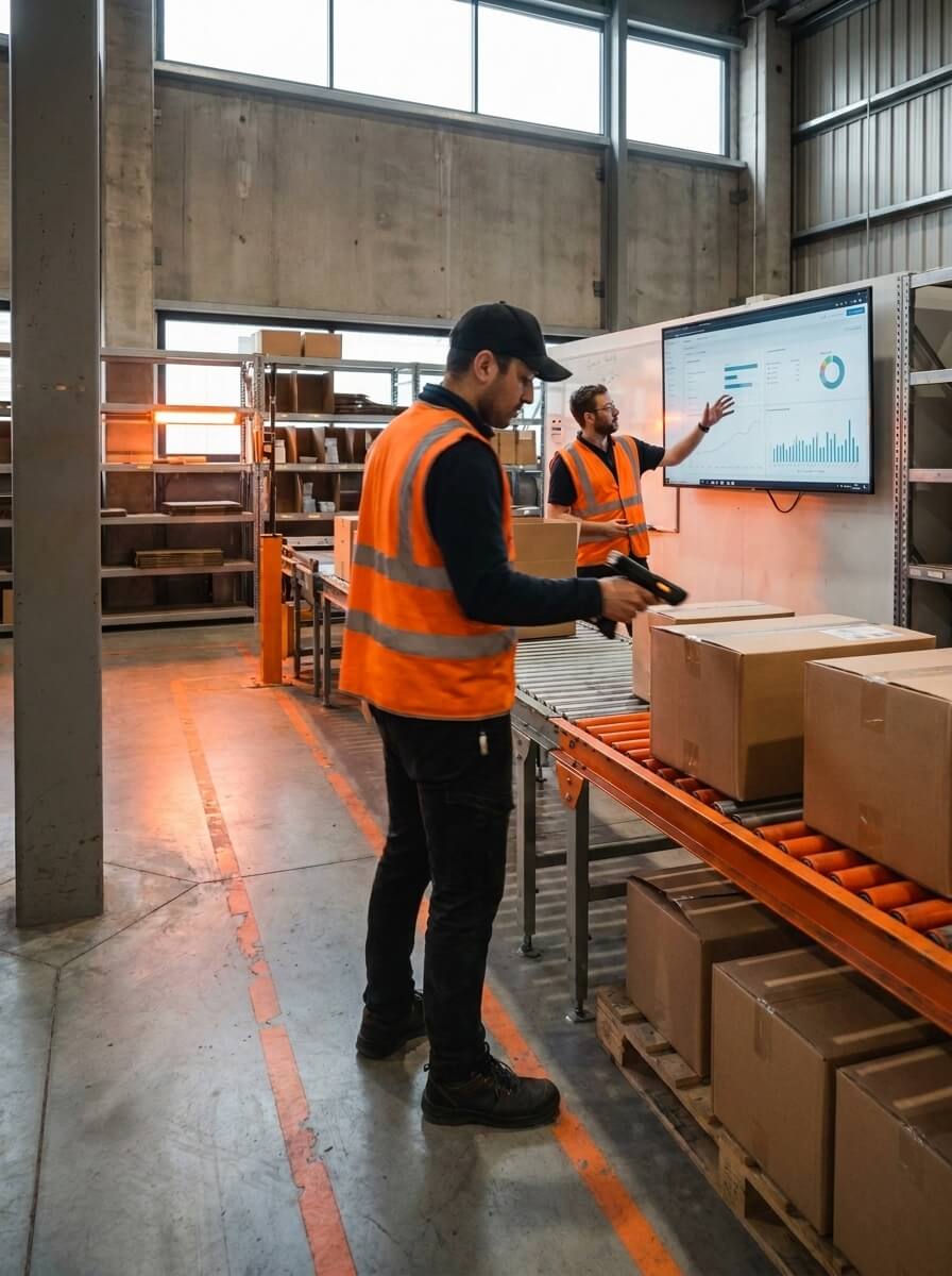 Distribution worker scanning cartons on a conveyor while a colleague reviews an operations dashboard behind him