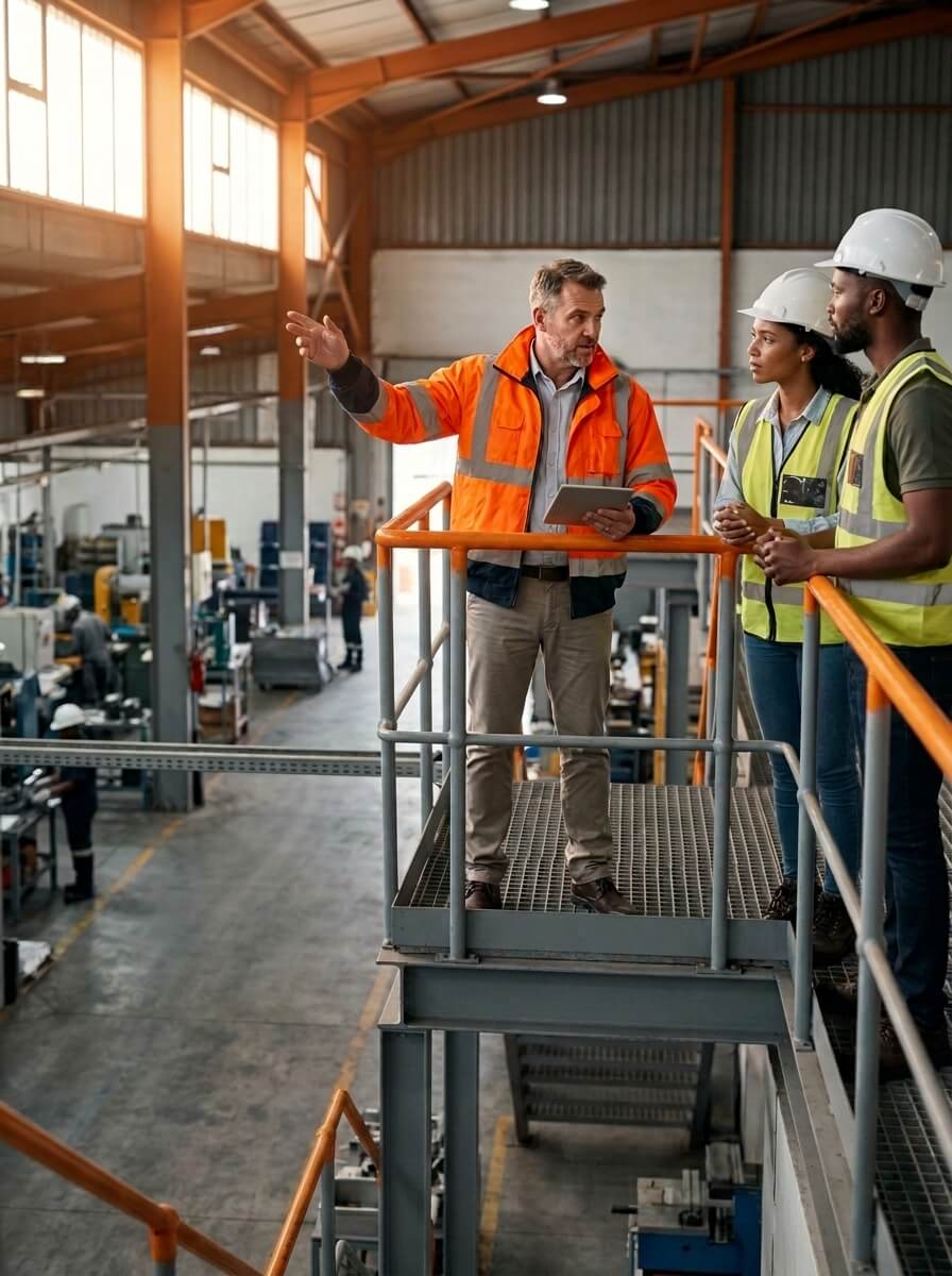 Operations leader briefing two colleagues from a factory mezzanine overlooking the production floor