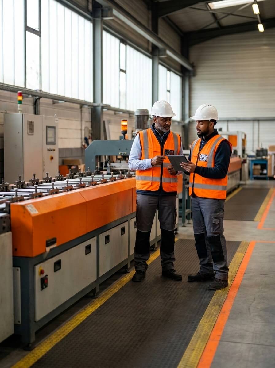 A production floor supervisor reviewing operational information on a tablet beside running equipment