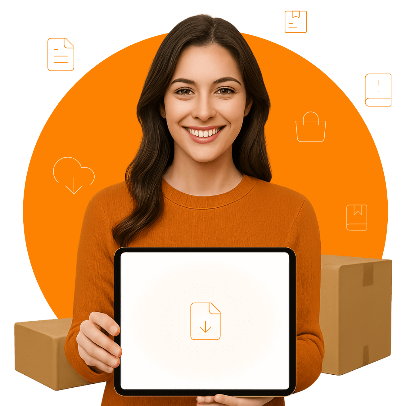 Person holding a tablet showing the Versa Cloud ERP download page